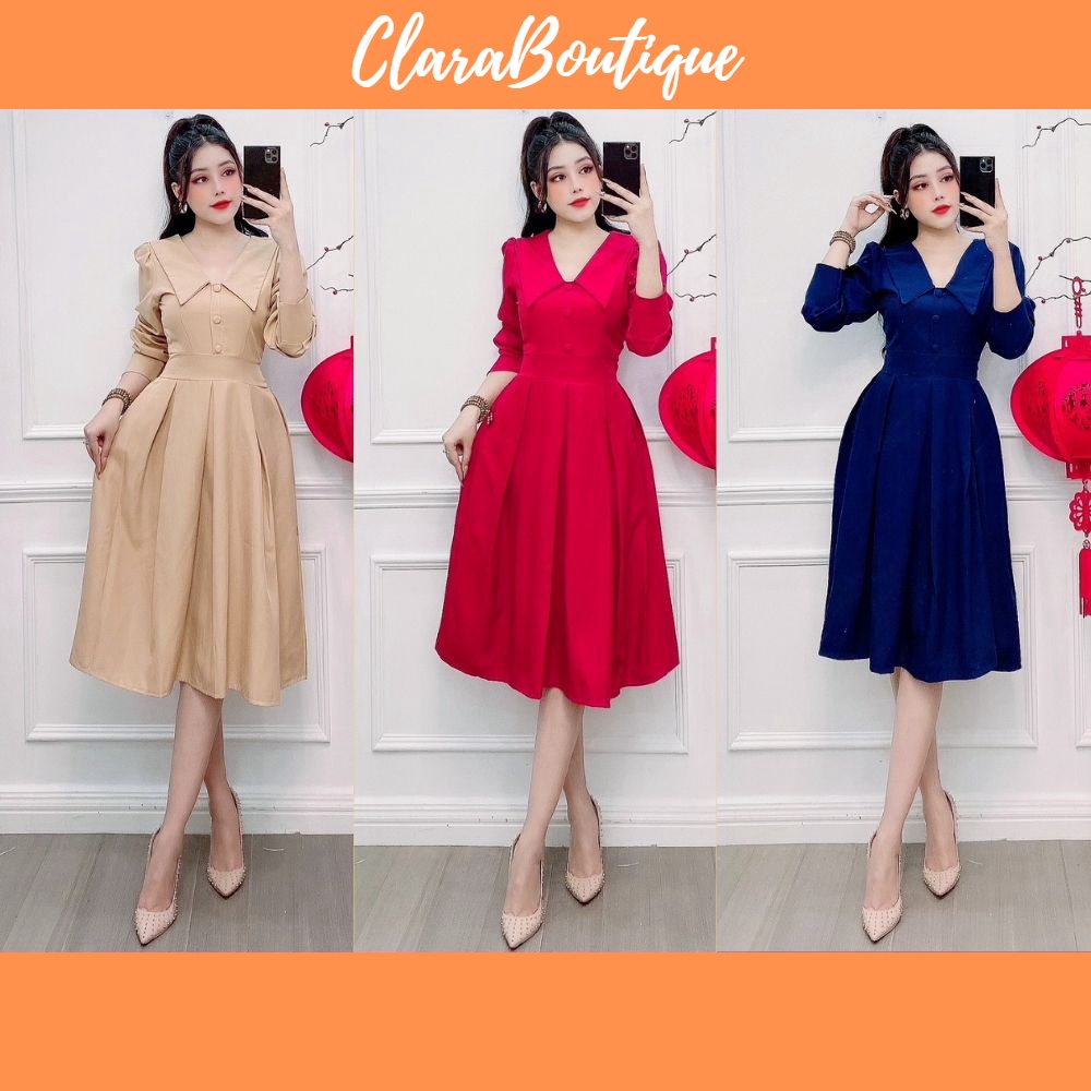 Đầm Xòe Dự Tiệc Phối Cổ Sơ Mi Và Nút Phong Cách Thời Trang Thanh Lịch Sang Trọng SKUD-05
