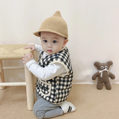 Áo Khoác Cotton Không Tay In Họa Tiết Caro Dễ Thương Phong Cách Hàn Quốc Cho Bé