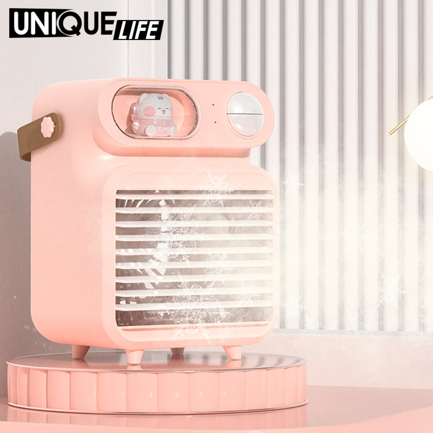 [Unique Life]Portable Air Conditioner Fan, Personal Space Mini Evaporative Air Cooler Quiet Desk Fan with Handle, Humidifier Misting Fan, 3 Speeds, with LED Light