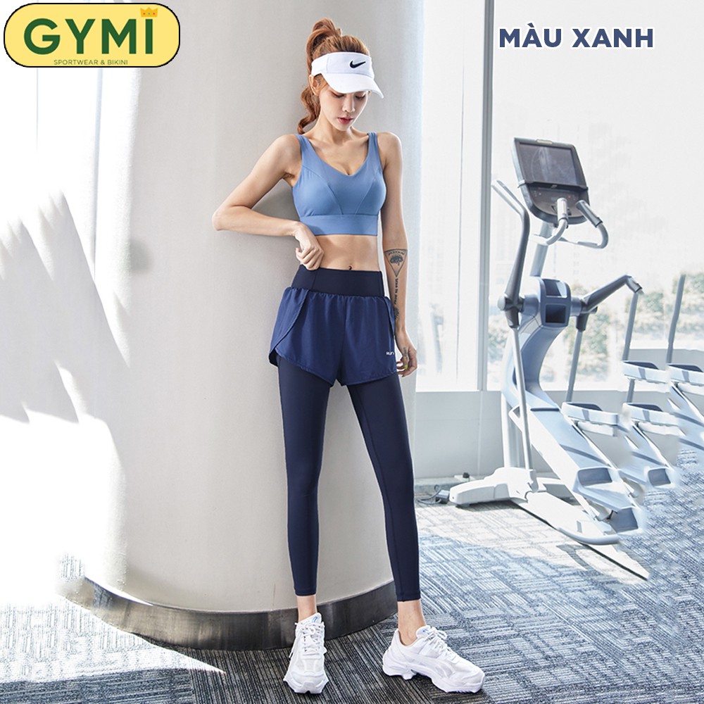 Quần tập gym yoga nữ thun lạnh GYMI QD28 dáng legging có quần short phía trước chống lộ kèm túi dựng điện thoại