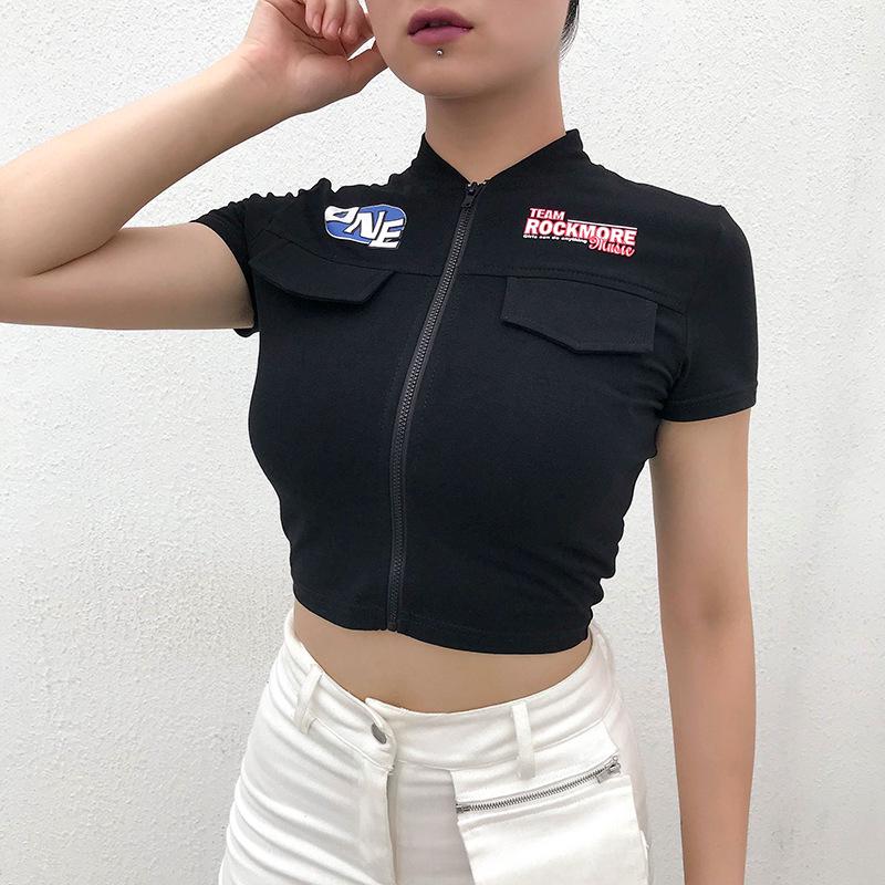 Áo thun lửng tay ngắn có khóa kéo cho nữ