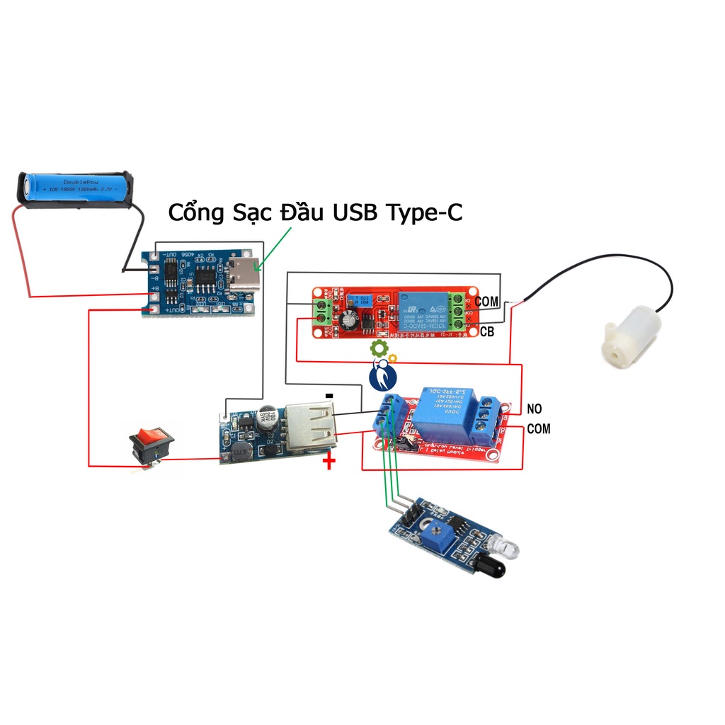 Bộ Linh Kiện Chế Máy Rửa Tay Máy Rót Ruou Dùng Pin Sạc 18650 Có Cổng Sạc Đầu USB Type-C