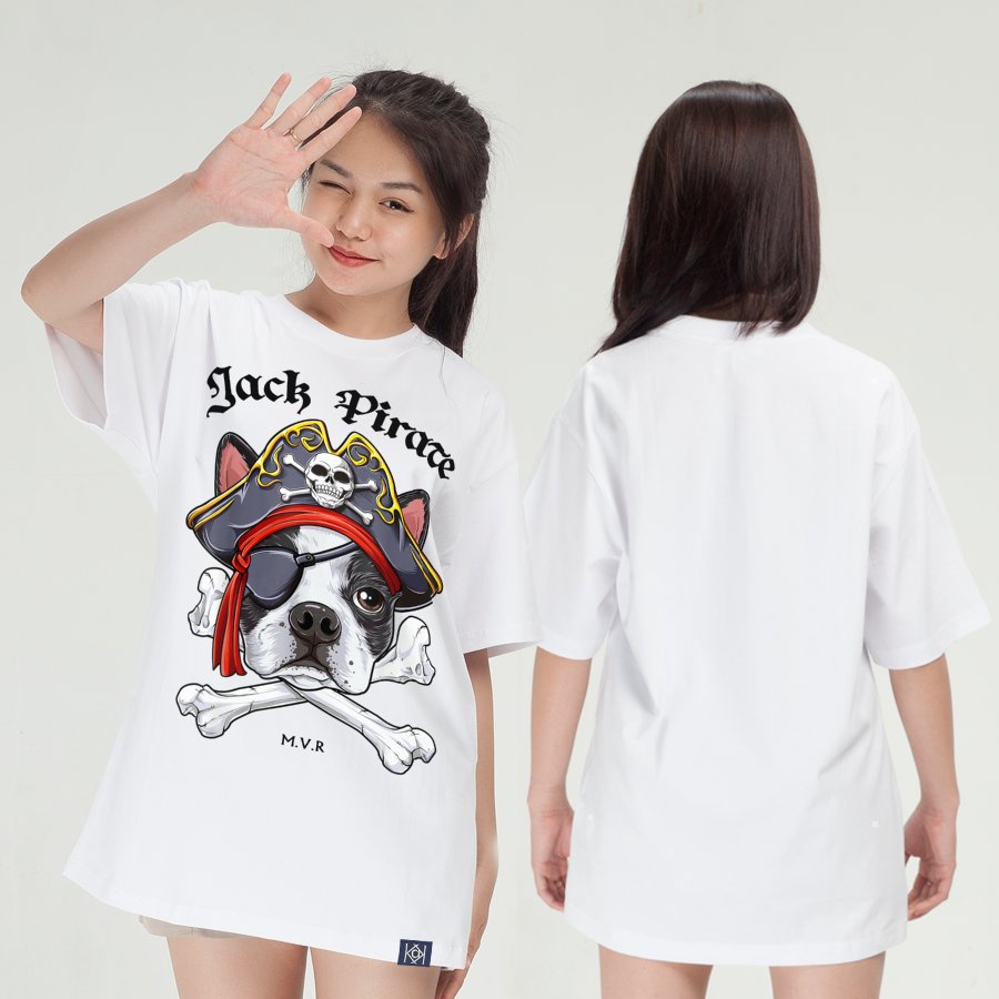 Áo thun nam nữ phom rộng Cotton thoáng mát đầu chó Boston Terrier xương chéo cướp biển MVR KK3962