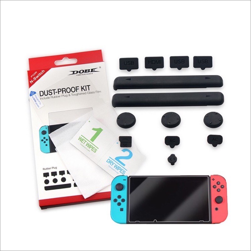 Combo miếng dán cường lực + núm bọc analog + chắn bụi thương hiệu DOBE cho máy game Nintendo Switch v1/v2 (TNS-862)
