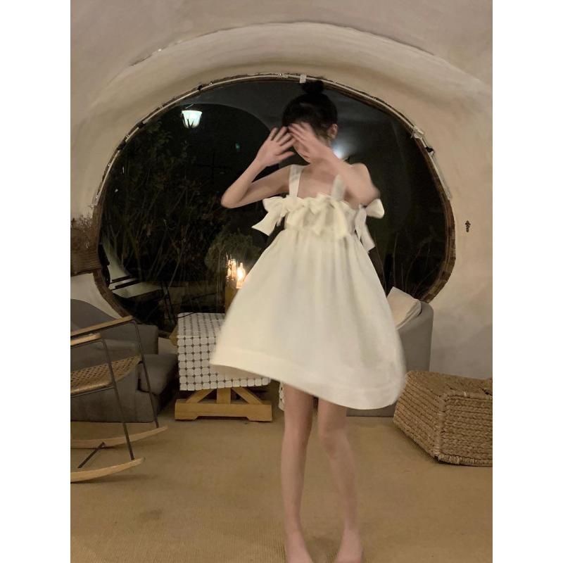 [Summer stock] thin white sling dress bow skirt princess dress A-line skirt