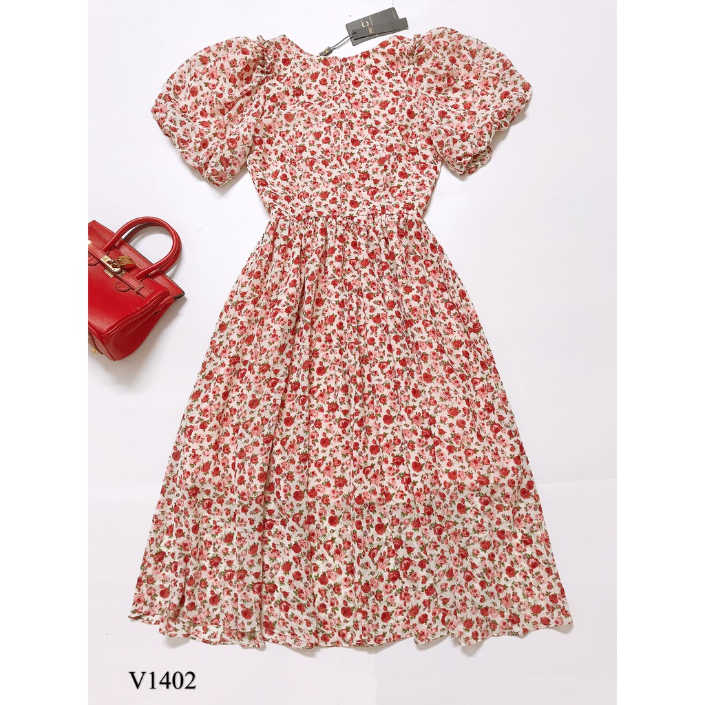 Váy hoa xòe cổ tim V1402 - ĐẸP SHOP DVC ( Ảnh mẫu và ảnh trải sàn do shop tự chụp )