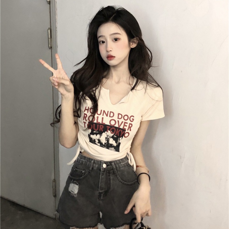 Áo Thun Ngắn Tay Cổ Chữ V Thiết Kế Dây Rút Phong Cách Hàn Quốc Thời Trang Mùa Hè Mới Cho Nữ