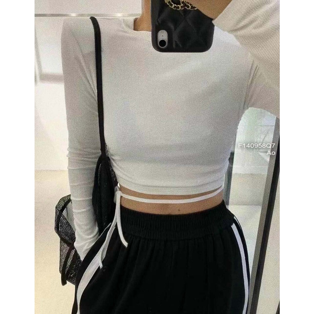 Áo thun trơn dáng croptop cột dây eo tay dài!