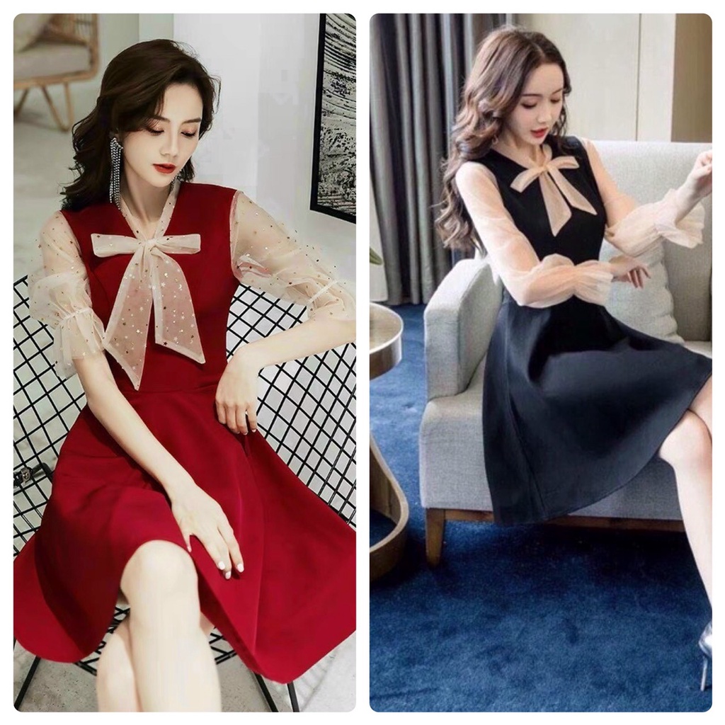 ĐẦM DÁNG XÒE TAY LƯỚI BI MÀU ĐỎ
