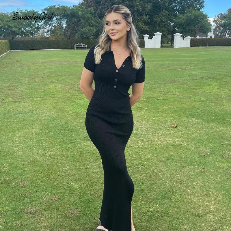 Đầm Maxi Cổ Polo Tay Ngắn Dáng Ôm Màu Khaki Cài Nút Thời Trang 2022 Cho Bạn Gái