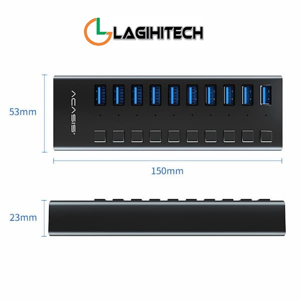 Bộ chia Acasis USB 3.0 12V 4A HS-710PB (10 Port) - Màu ngẫu nhiên - Bảo Hành 1 Tháng