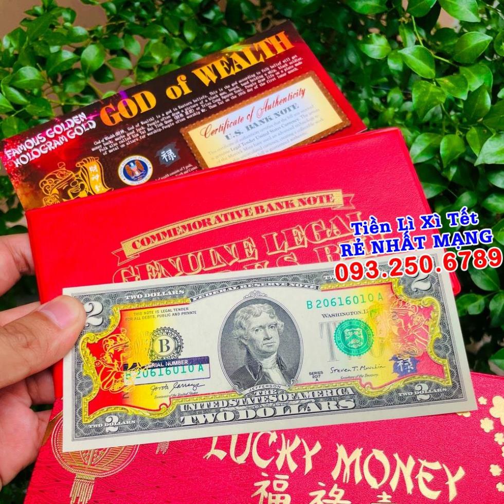 Lì Xì Tết tờ 2 Đô in hình Thần Tài Vàng tài lộc, quà tặng ý nghĩa - bao da đỏ - Quà Tết 2022