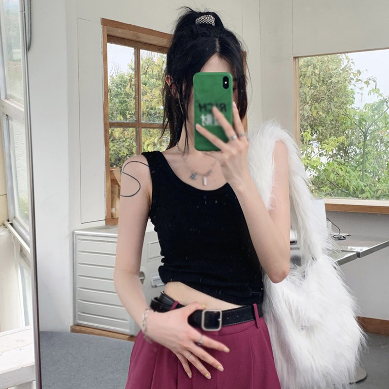 Áo Thun Ôm Hai Dây Cổ Tròn Màu Sắc Đơn Giản Dành Cho Nữ