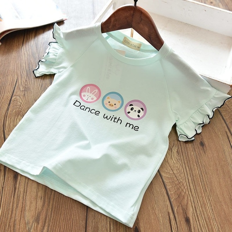 Áo Thun Cotton Tay Ngắn Phối Ren In Họa Tiết Hoạt Hình Thời Trang Mùa Hè Cho Bé Gái