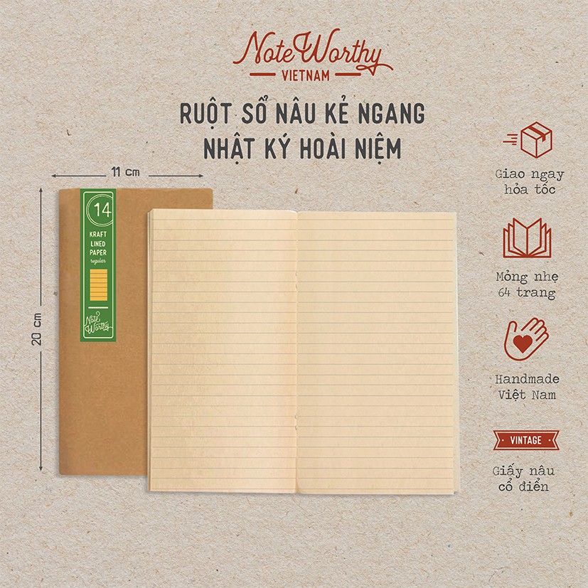 Sổ tay nâu kẻ ngang 64 trang 11x20cm bìa mềm mỏng nhẹ nhật ký bỏ túi - Noteworthy kraft line journalss