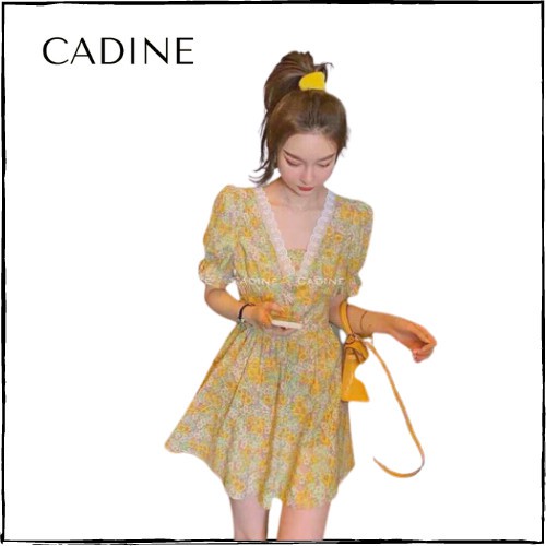 Đầm hoa nhí cổ V phối ren tay ngắn bồng chiết eo dáng chữ A dễ thương - Cadine thời trang nữ