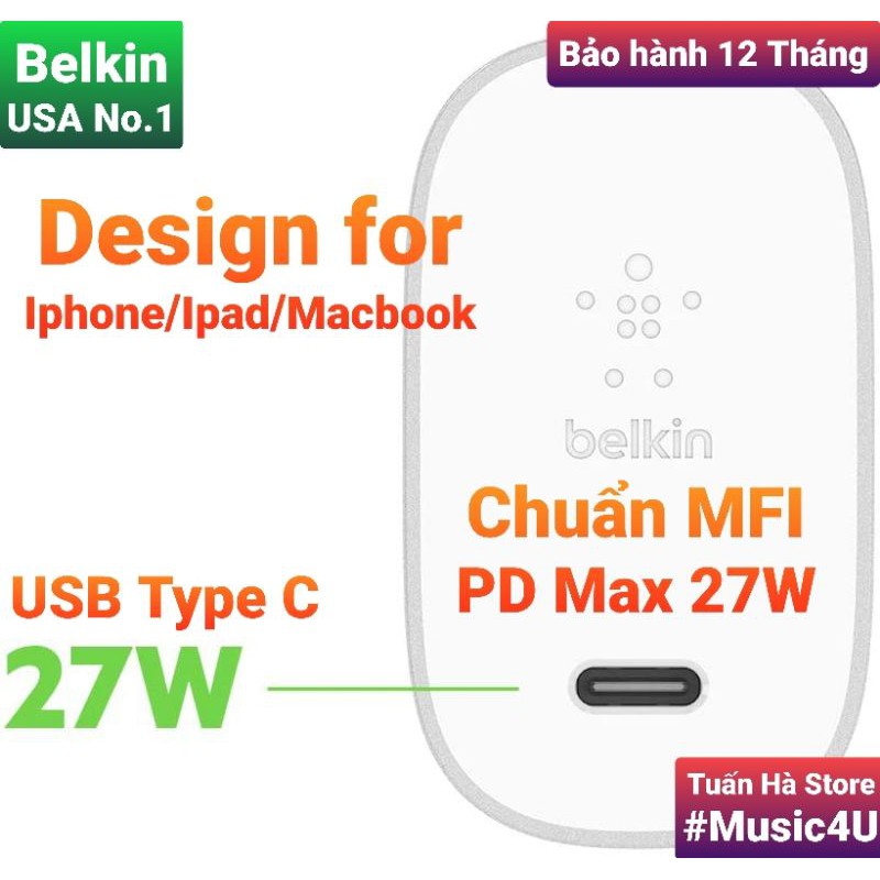 Củ sạc nhanh Belkin PD 27W 39W Type C cho Iphone 11, Iphone 12, Ipad, Macbook, MFI [Music4U]