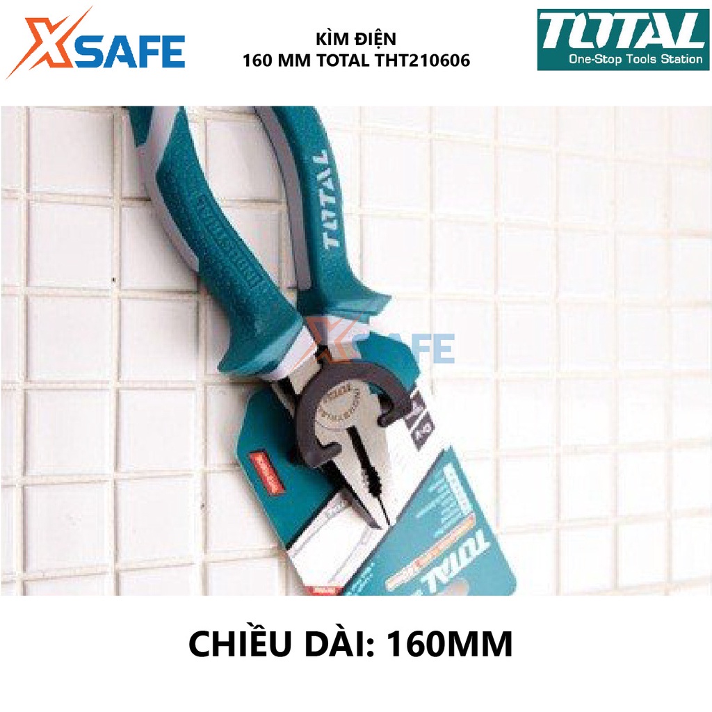 Kìm điện TOTAL THT210606 | kềm răng Kích thước 6&quot; (160mm), Khối lượng 0,2 kg, Cán bọc nhựa 2 màu xanh trắng bấm, cắt