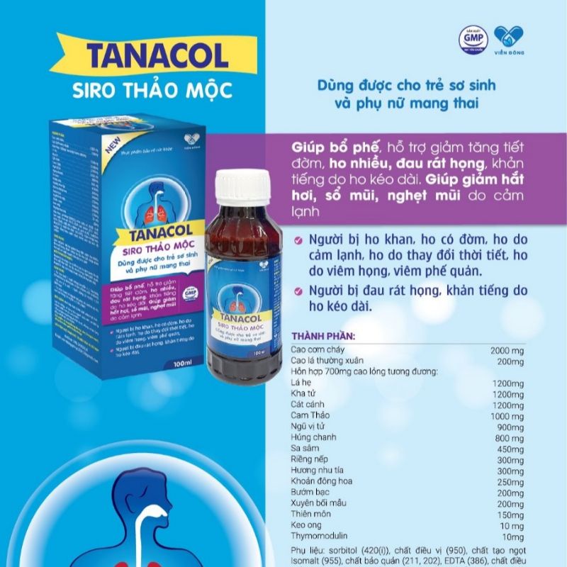 TANACOL SIRO THẢO MỘC - dùng được cho phụ nữ mang thai và trẻ sơ sinh, hỗ trợ giảm ho, rát họng, khản tiếng, sổ mũi