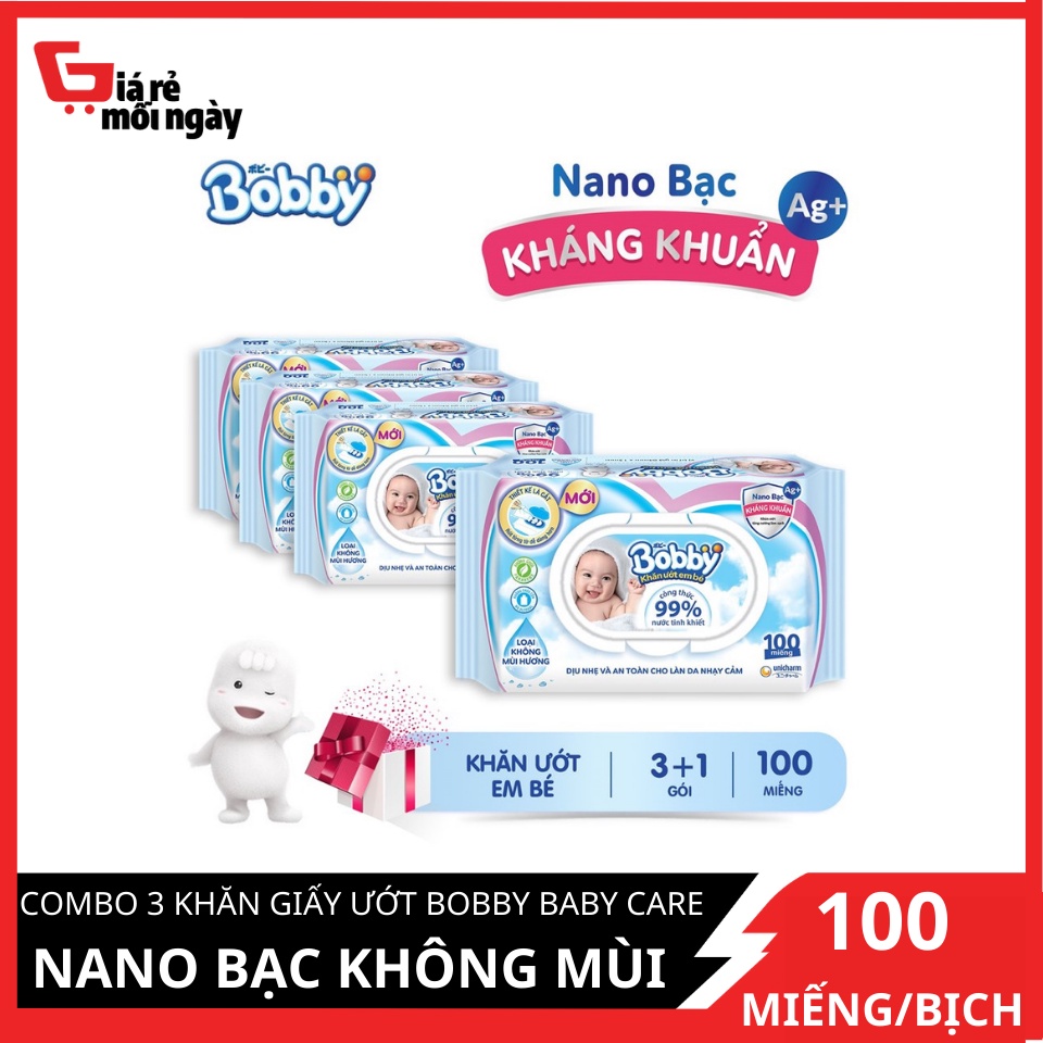 Combo 3 gói khăn giấy ướt Bobby Baby Care Nano bạc không mùi 100 miếng/bịchX3 (3 Tặng 1)