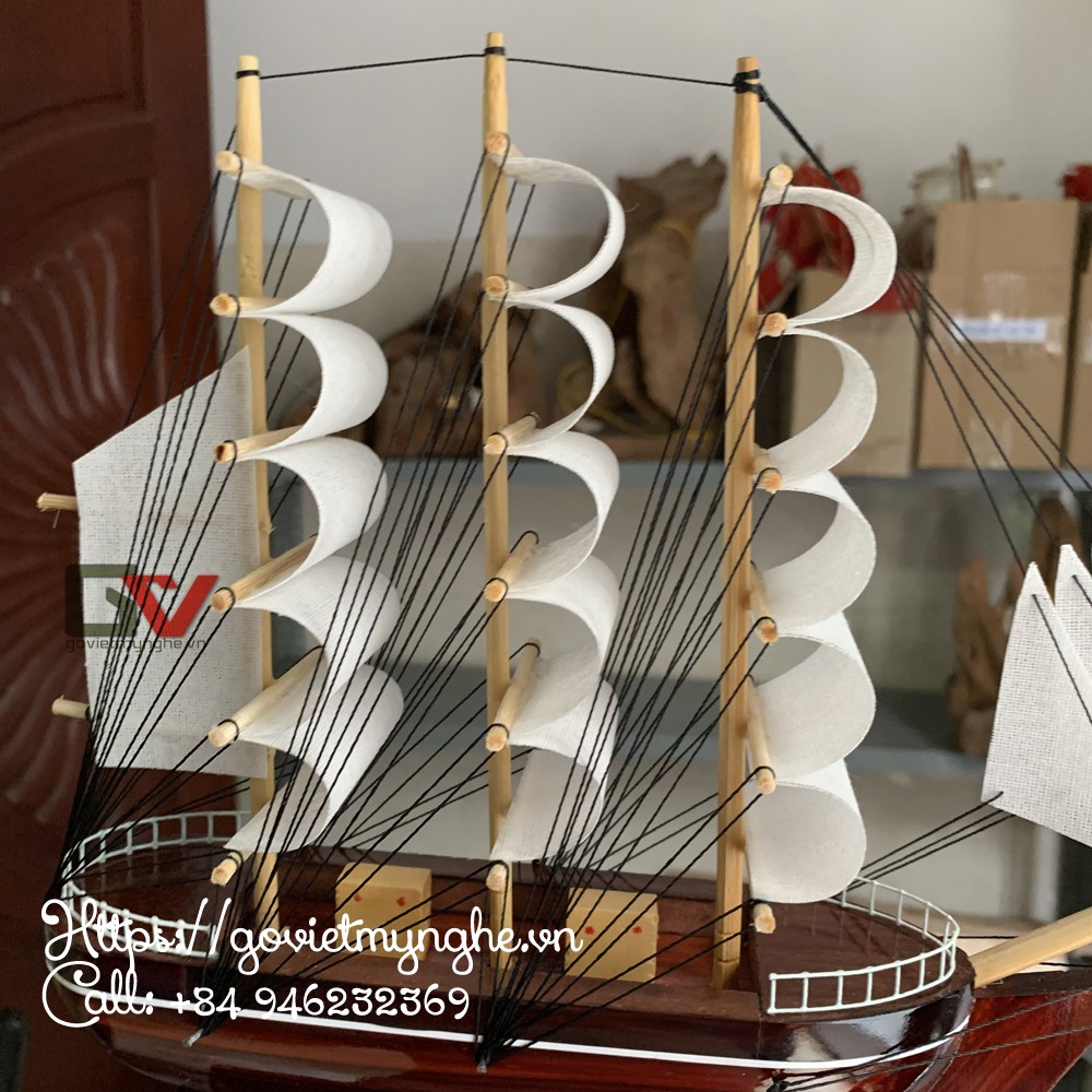[Đã ráp sẵn] Mô hình thuyền gỗ trang trí phong thủy để bàn làm việc - Thuyền Le Belem của Pháp - Dài 27cm - Buồm trắng
