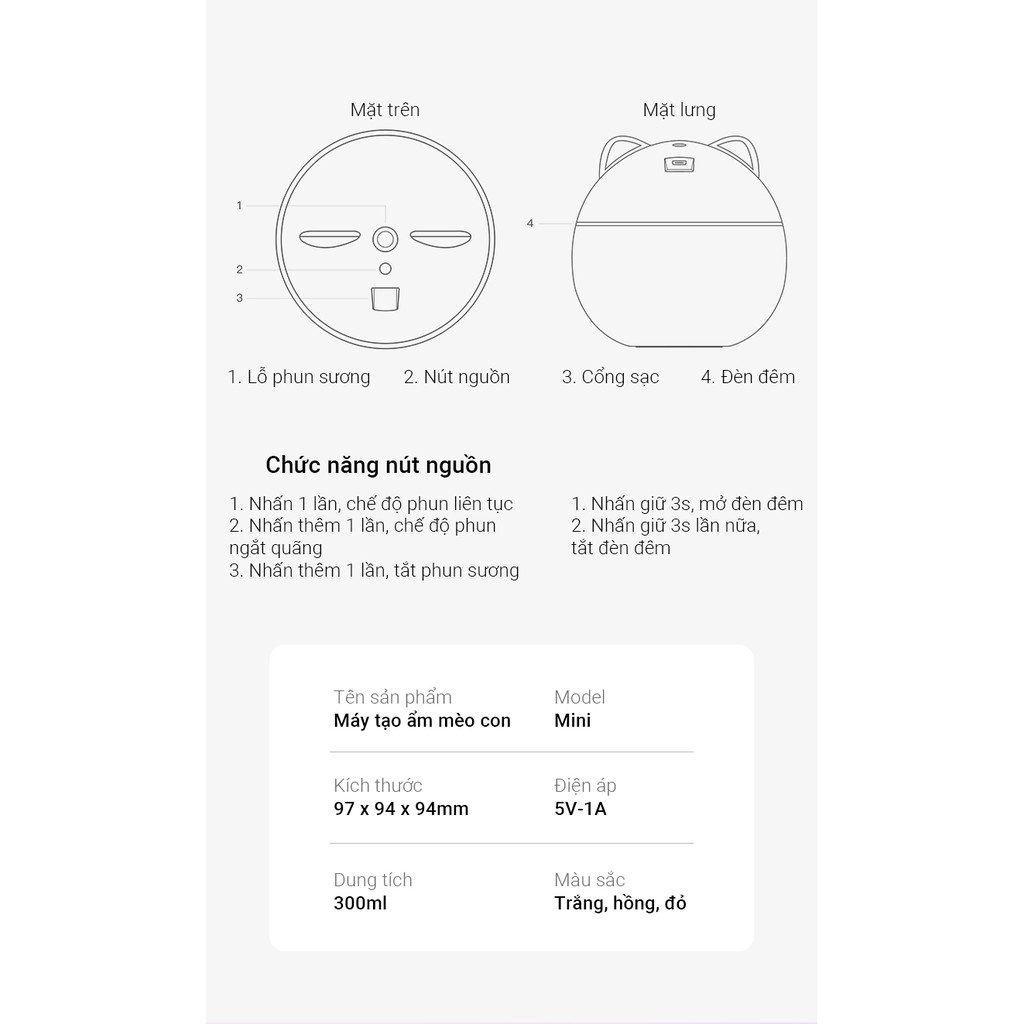 Máy phun sương tạo ẩm Cát Thái Mini tạo hình mèo con dễ thương, hạt sương nano siêu nhỏ lượng sương lớn cung cấp độ ẩm