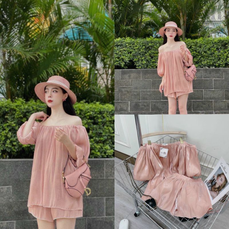 Set Đồ Nữ Ms.1172 Áo Trễ Vai Tay Bồng Dáng Suông Chất Tơ Phối Quần Short Phồng Cạp Chun Co Dãn Cùng Tone, Kèm Hình Thật