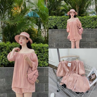 Set Đồ Nữ Ms.1172 Áo Trễ Vai Tay Bồng Dáng Suông Chất Tơ Phối Quần Short Phồng Cạp Chun Co Dãn Cùng Tone, Kèm Hình Thật