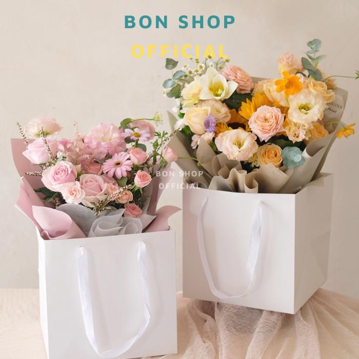 COMBO 10 Túi Giấy Đế Vuông Rộng Màu Trắng Dây Vải Dày Dặn Đa Năng