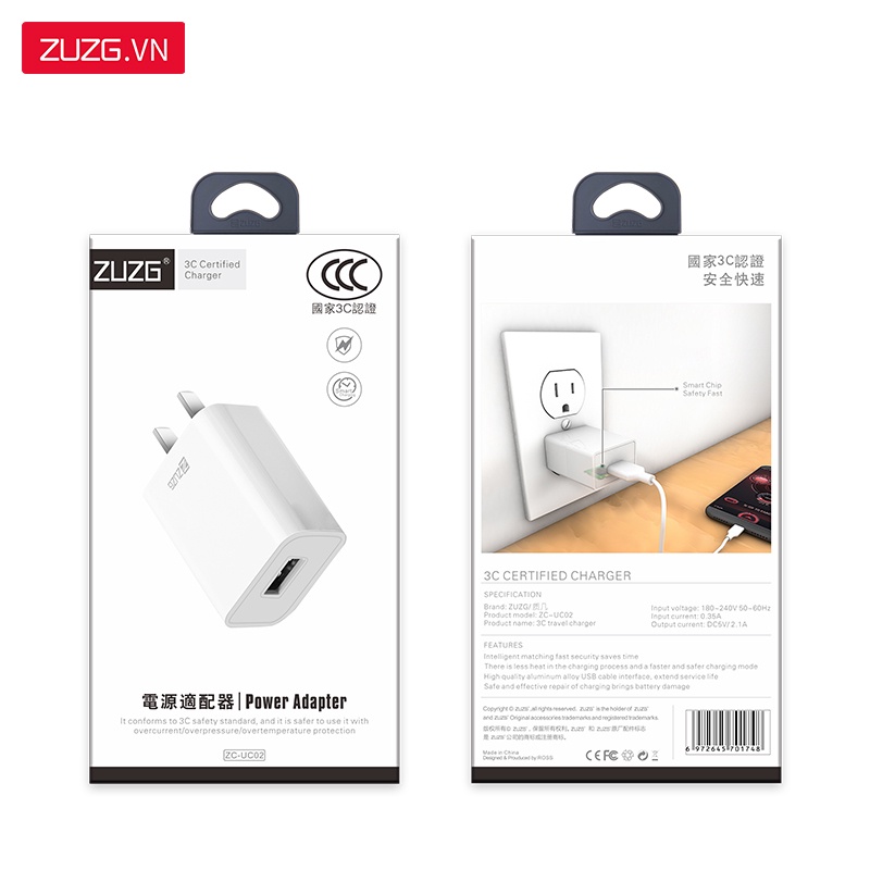 Củ sạc nhanh iphone samsung chính hãng ZUZG 10w 5v-2a UC02