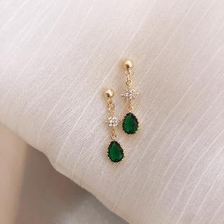 Bông Tai Mạ Bạc 925 Đính Đá Ngọc Lục Bảo Phong Cách Retro