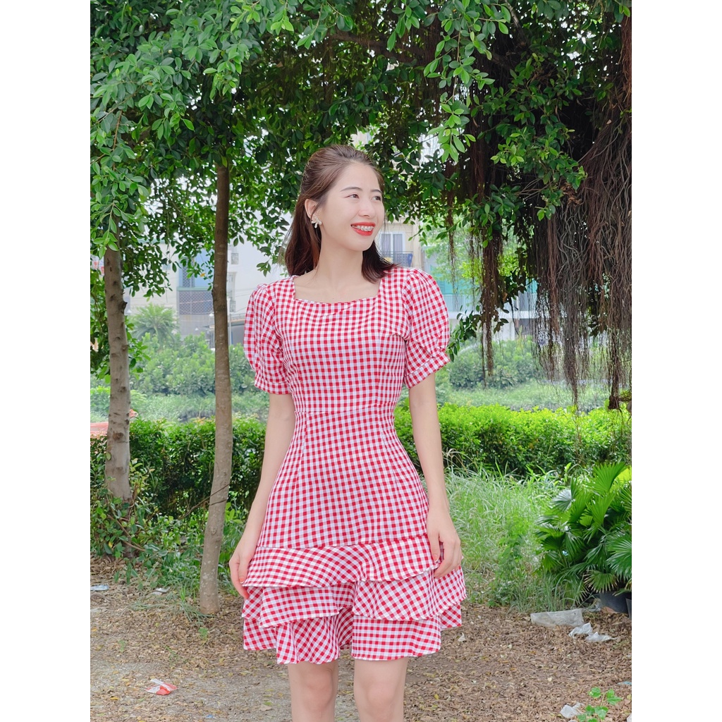 ĐẦM NỮ SUÔNG CARO PHỐI BÈO TẦNG CỰC XINH SANG CHẢNH TIỂU THƯ HÌNH SHOP TỰ CHỤP MẪU MẶC MET 65