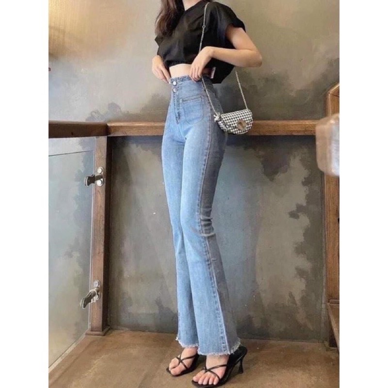 Quần jeans ôm loe tua viền và gấu cạp siêu cao