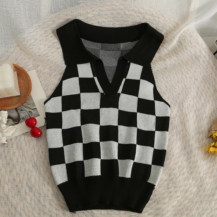 Áo croptop SUXI dệt kim họa tiết sọc ca rô phong cách Hàn Quốc