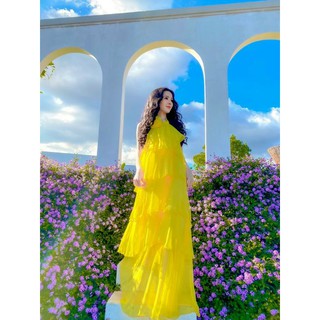 Đầm maxi voan lụa 5 tầng gắn hoa
