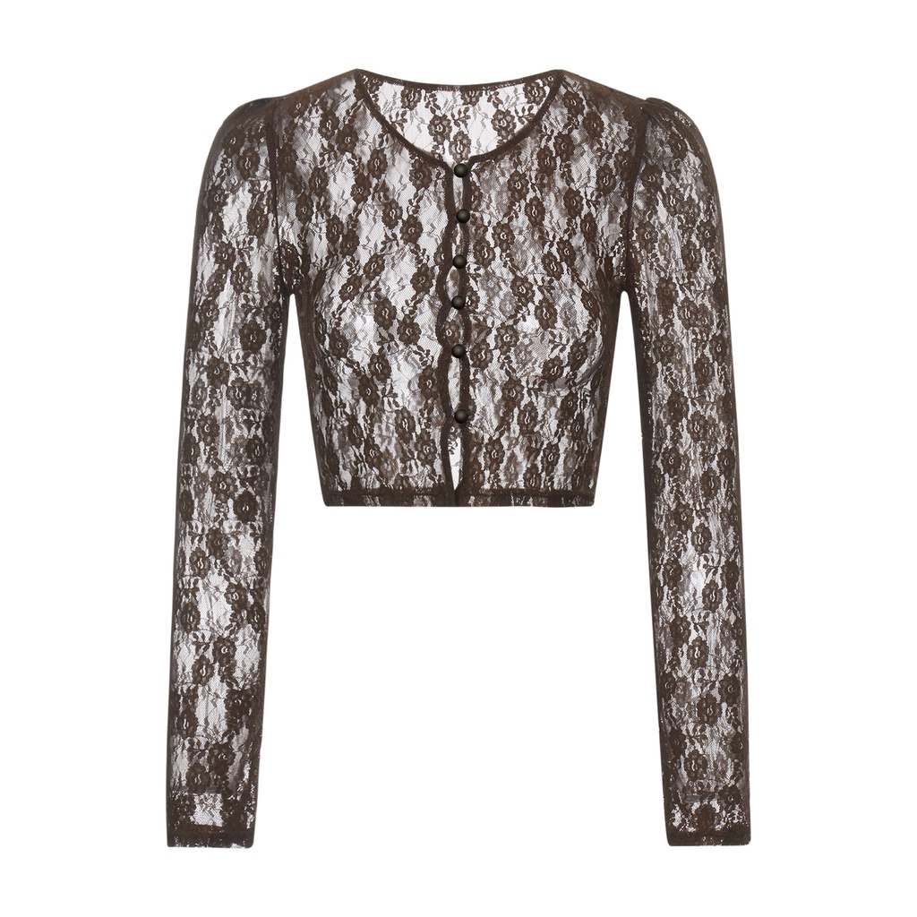 Áo croptop tay dài cổ chữ v phối ren thời trang dành cho nữ