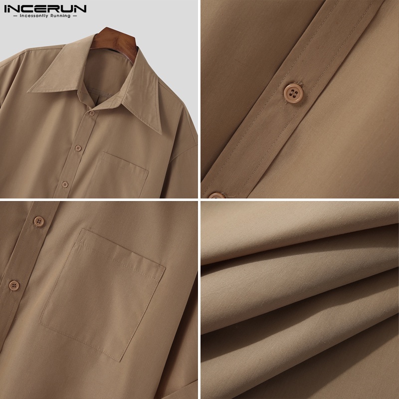 Áo sơ mi nam Incerun tay ngắn có cổ cài nút màu trơn trang trọng