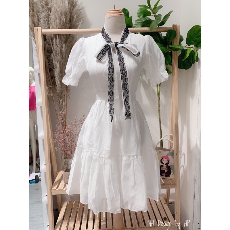 [ VTK88 ] VÁY TRẮNG TK CỔ PHA REN THẮT NƠ