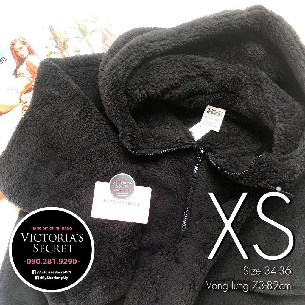 (Size XS) Áo khoác lông cừu, đen, có nón, form rộng, dành cho các cô nàng cá tính - Victoria's Secret USA