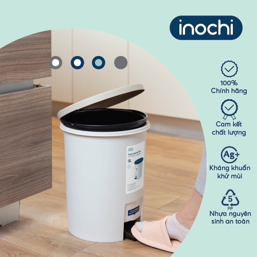 Thùng rác đạp tròn Inochi - Hiro 12L Màu Ghi sữa/ Xanh Nhật/ Trắng Kem