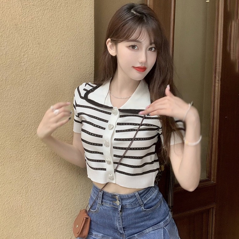 Áo Croptop Dệt Kim Tay Ngắn Phối Lưới Thoáng Khí Thời Trang Cho Nữ