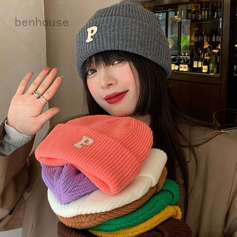 Mũ Len Dệt Kim P-Letter Nhiều Màu Sắc Ấm Áp Thời Trang Thu Đông Phong Cách Hàn Quốc