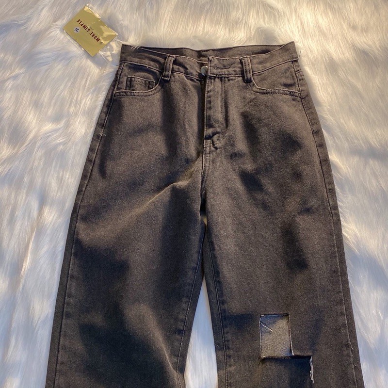 Quần Jeans MON Nữ Dáng Suông Lưng Cao Rách Gối Ulzzang (ẢNH THẬT)
