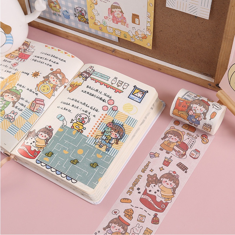 Băng keo dán họa tiết dễ thương WS04 - Cuộn Washi tape trang trí sổ tay