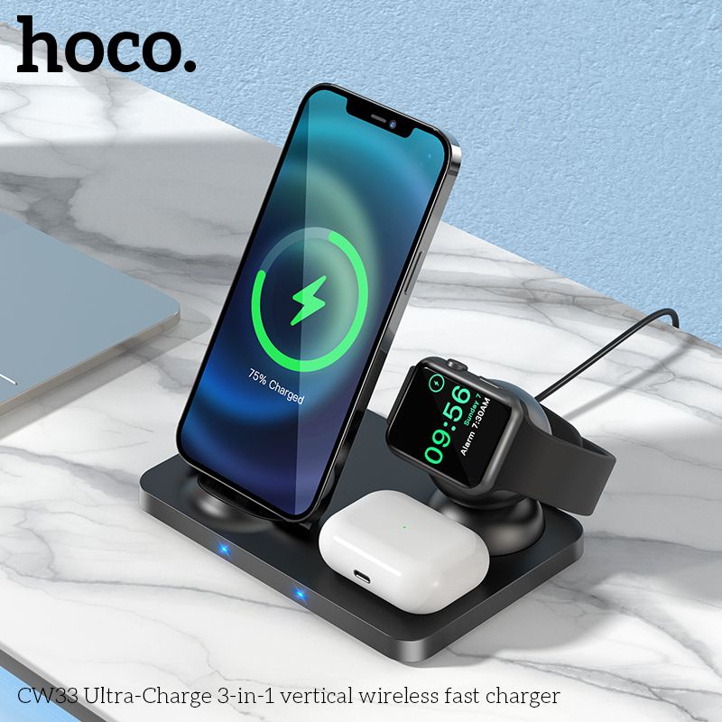 Đế sạc nhanh sạc không dây 15w chính hãng hoco Cw33 3 in 1 Chính Hãng smartphone&amp; Apple Watch &amp; Airpod