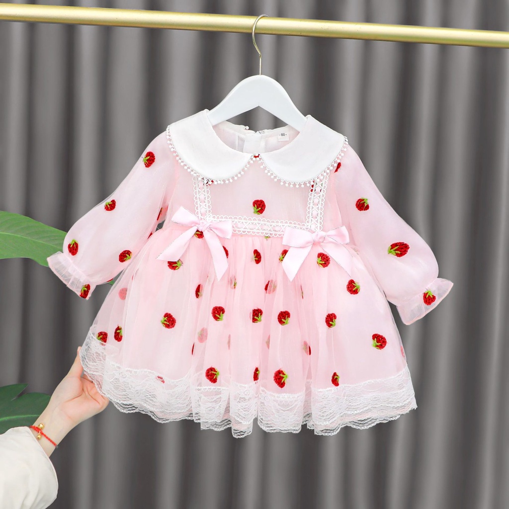 [Yumi's House] Đầm tiểu thư tay dài voan tơ hình dâu cho bé gái hàng Quảng Châu cao cấp