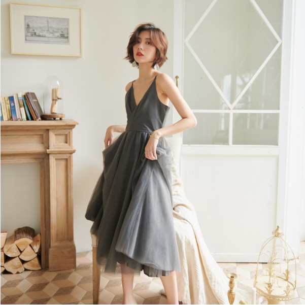 Đầm Nữ Dáng Xoè Hàn Quốc Đầm Voan Hai Dây Cổ Chữ V Thiết Kế Cao Cấp (Size XL) VFSDVTK260219