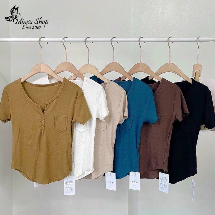 Áo thun tăm cúc ngực, áo thun kiểu tôn dáng cài cúc co giãn khoét đuôi tôm trẻ trung, cá tính Minxu Shop ATT