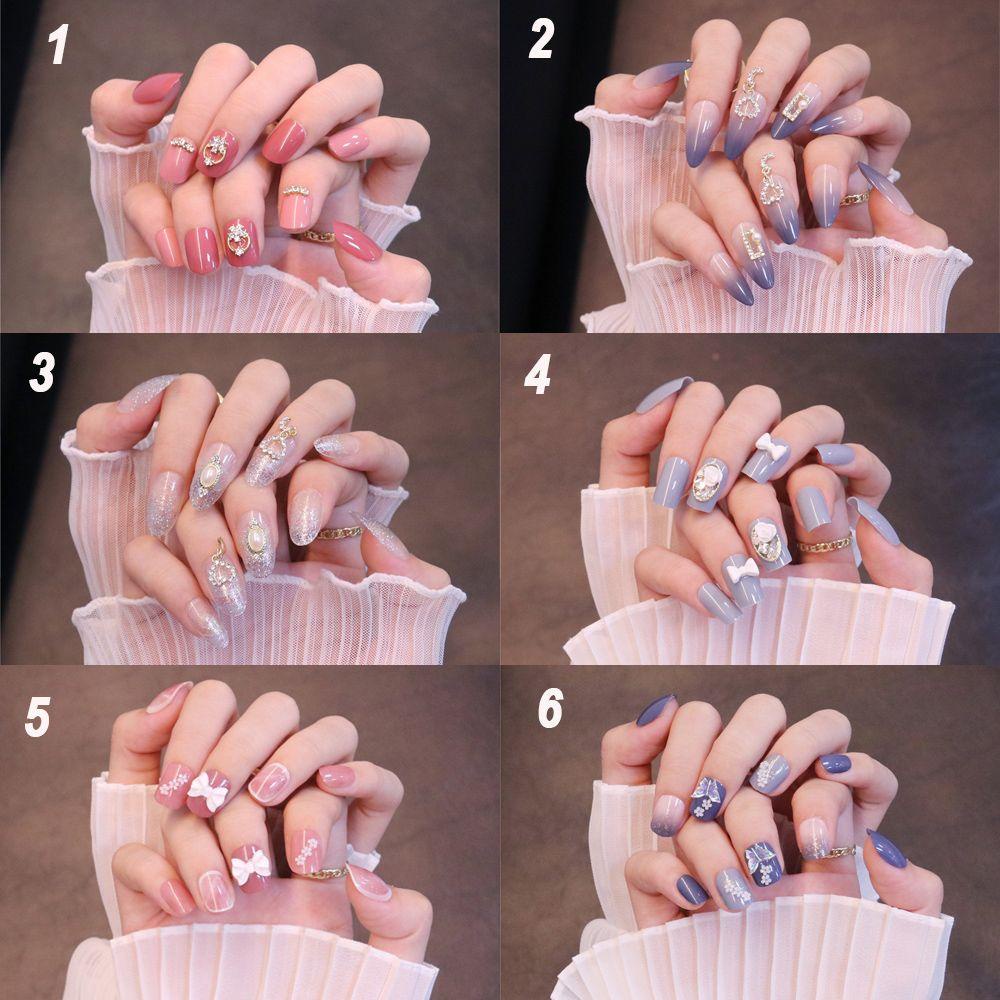 MIHAN1 Bộ 24 Móng Tay Giả Đính Nơ Thời Trang