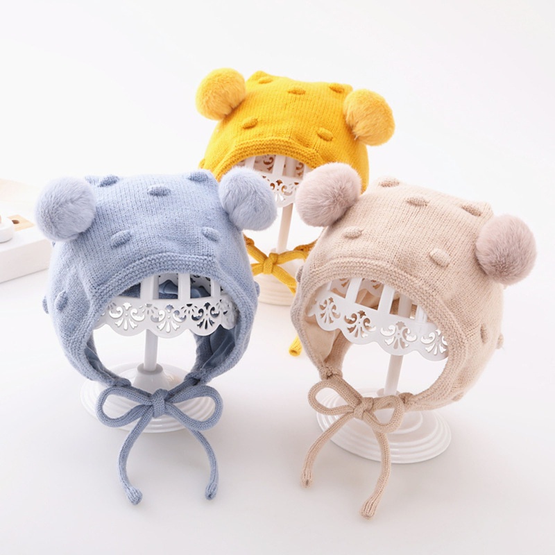 Mũ Beanie Dệt Kim Mềm Mại Dày Dặn Đính Bóng Lông Dễ Thương Giữ Ấm Mùa Đông Cho Bé